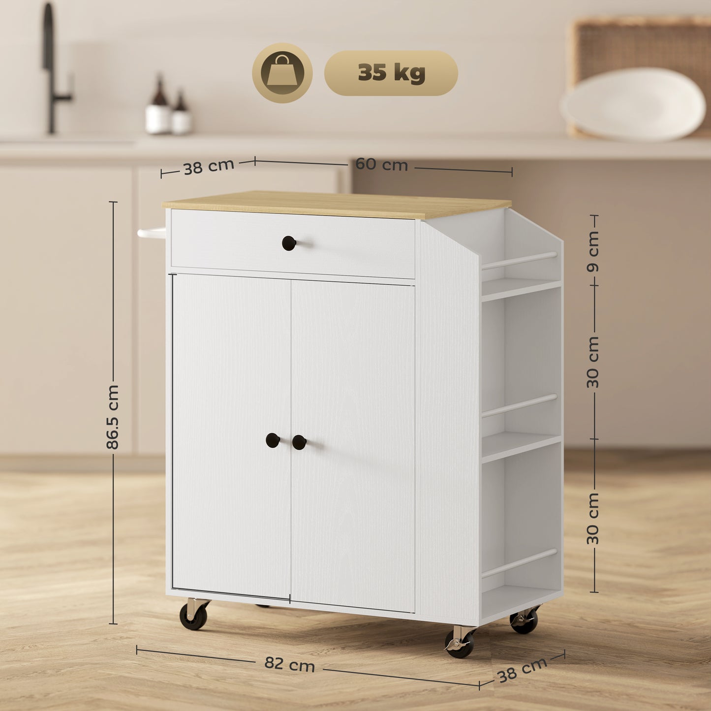 Kitchen Island with 3-Tier Spice Rack, Kitchen Cart with Towel Rack