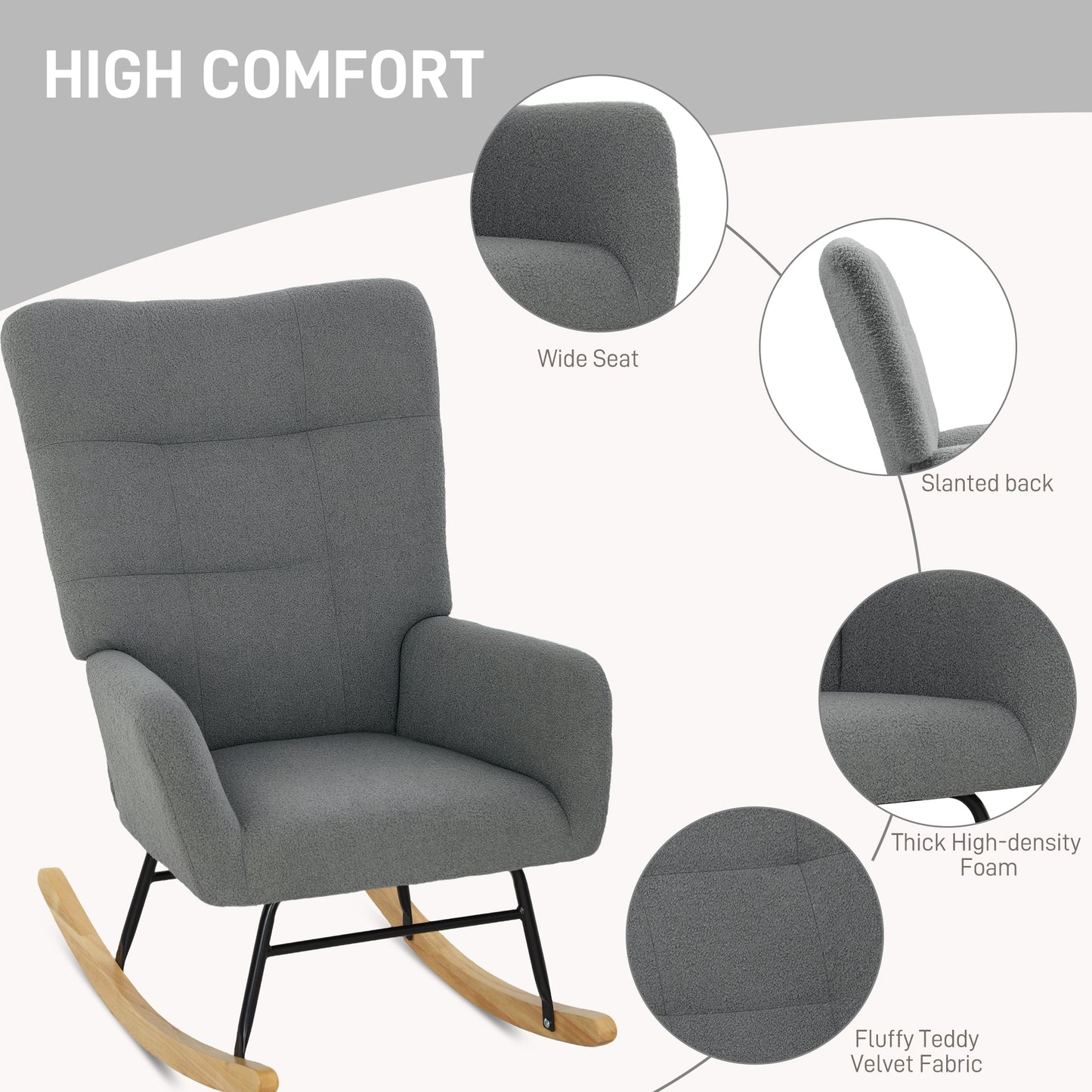 Rocking Chair, Modern Armchair with Backrest for Bedroom, Grey