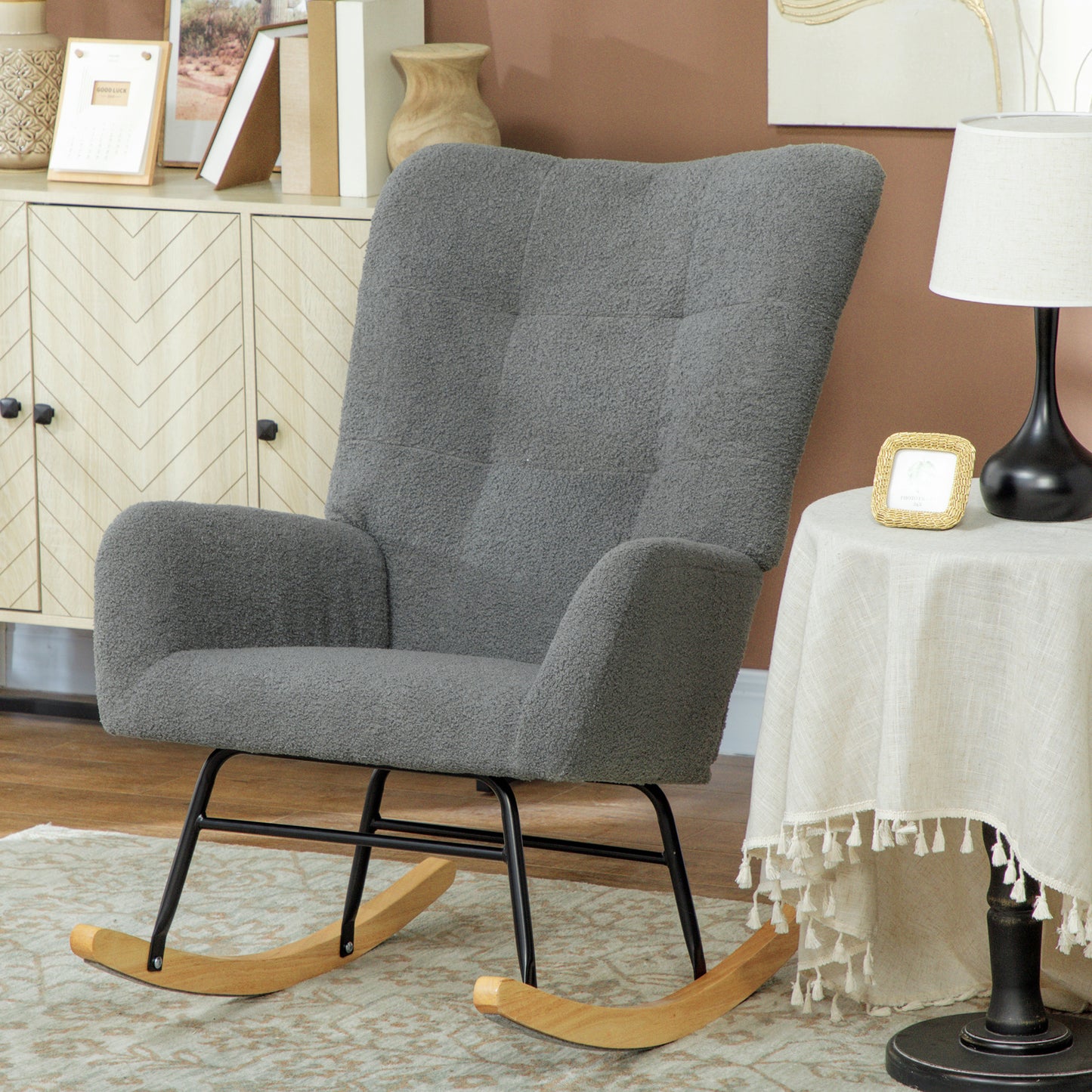 Rocking Chair, Modern Armchair with Backrest for Bedroom, Grey