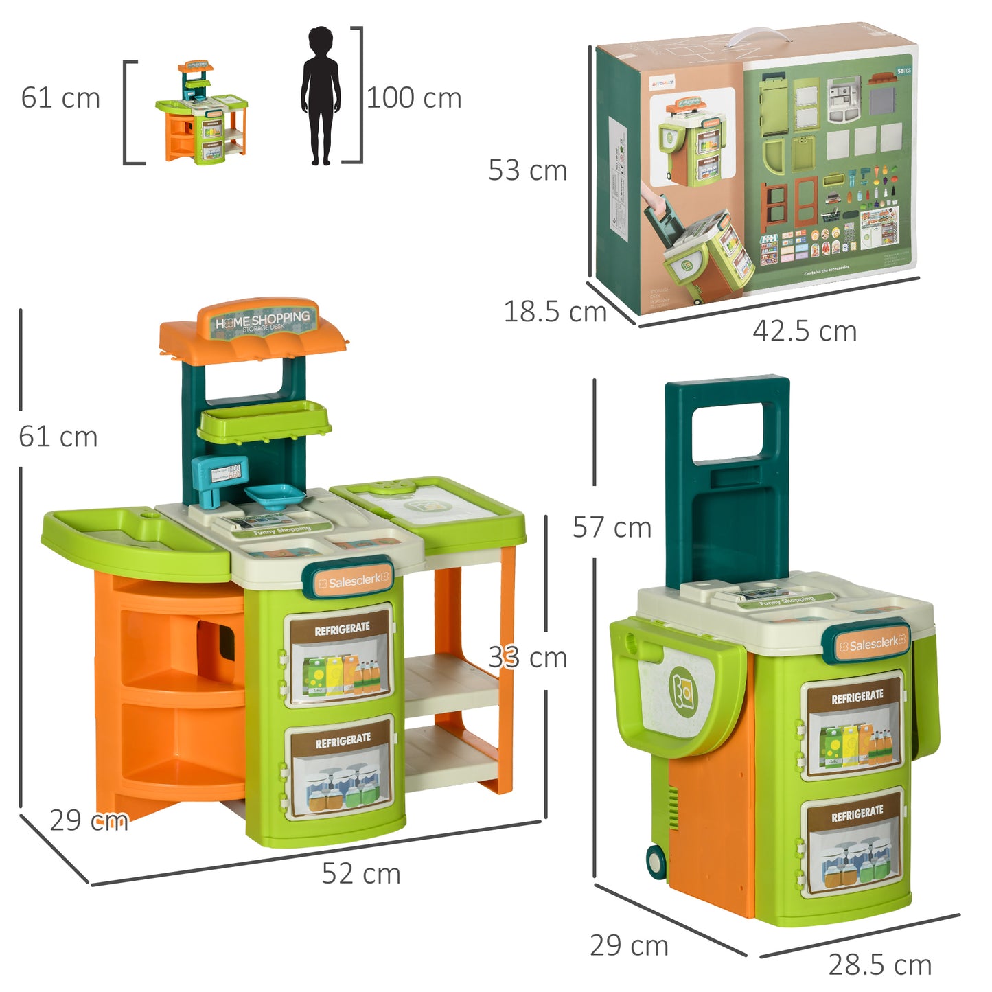 AIYAPLAY Cash Register for Kids Children Trolley, 58 Pcs Foldable Toy Shop Pretend Play Till w/ Scanner, Beverage Food Vegetable, for Kids Aged 3-6