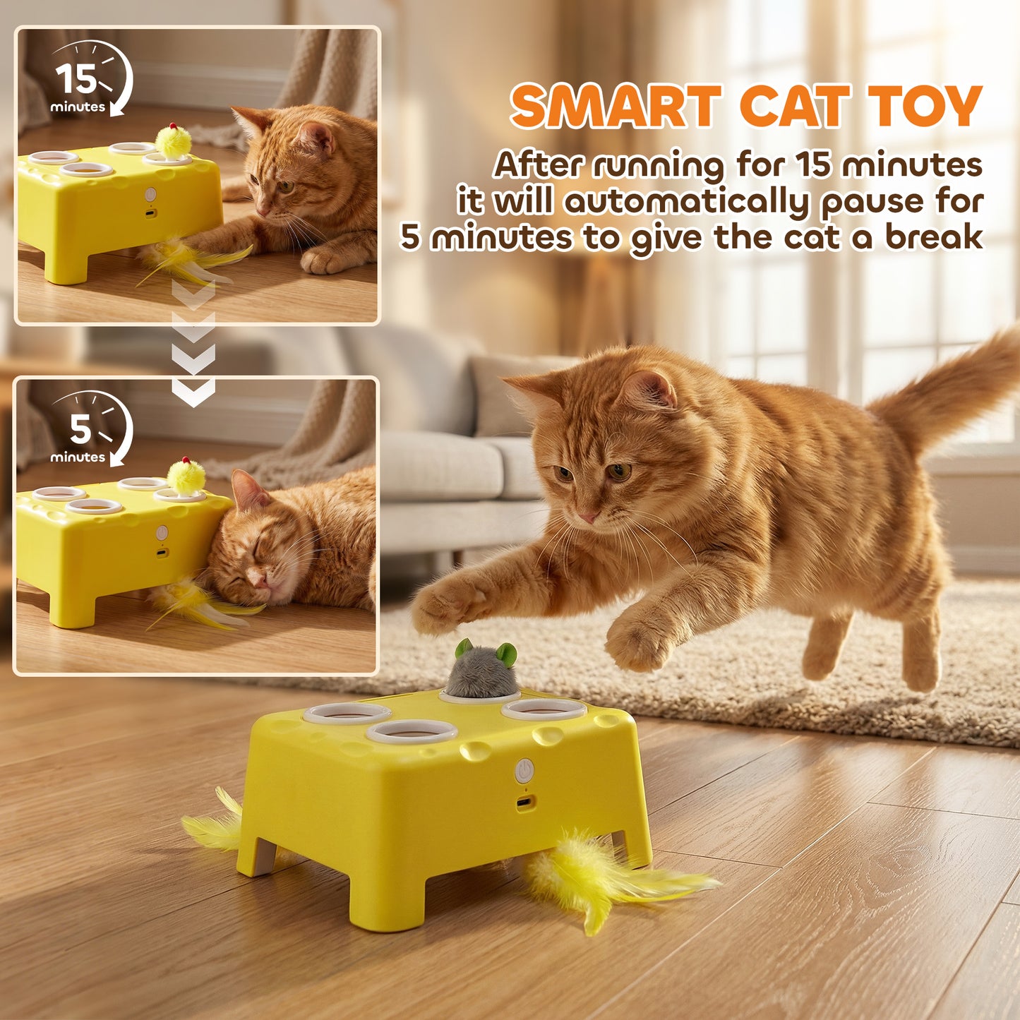 Interactive Cat Toys for Indoor Kittens & Adult Cats, Rechargeable Automatic Mouse & Feather Teaser Toy, 3 in 1 Play Modes with Smart Rest, Type-C Charging