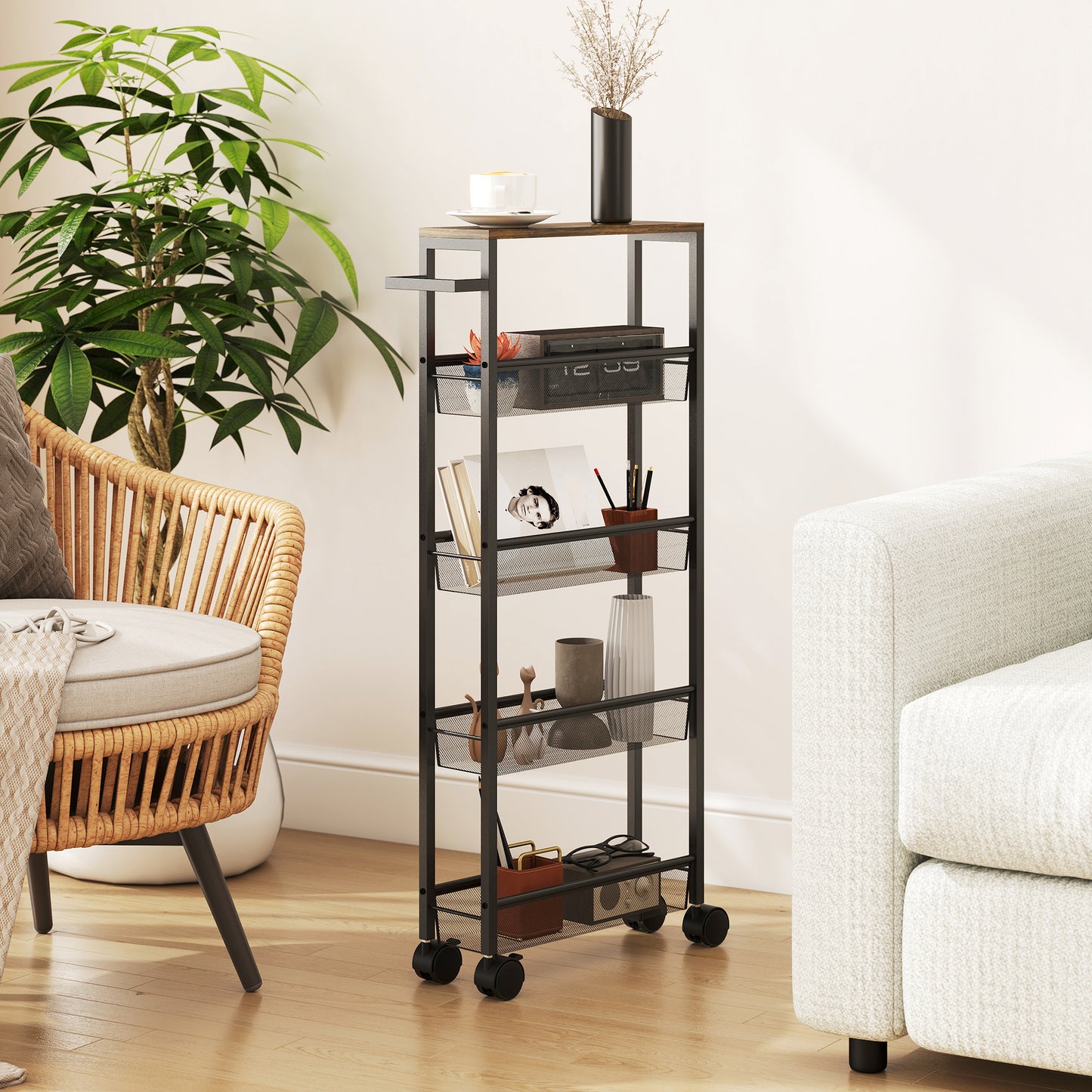 Rolling Kitchen Trolley, Slim Storage Cart with Metal Frame, Handle