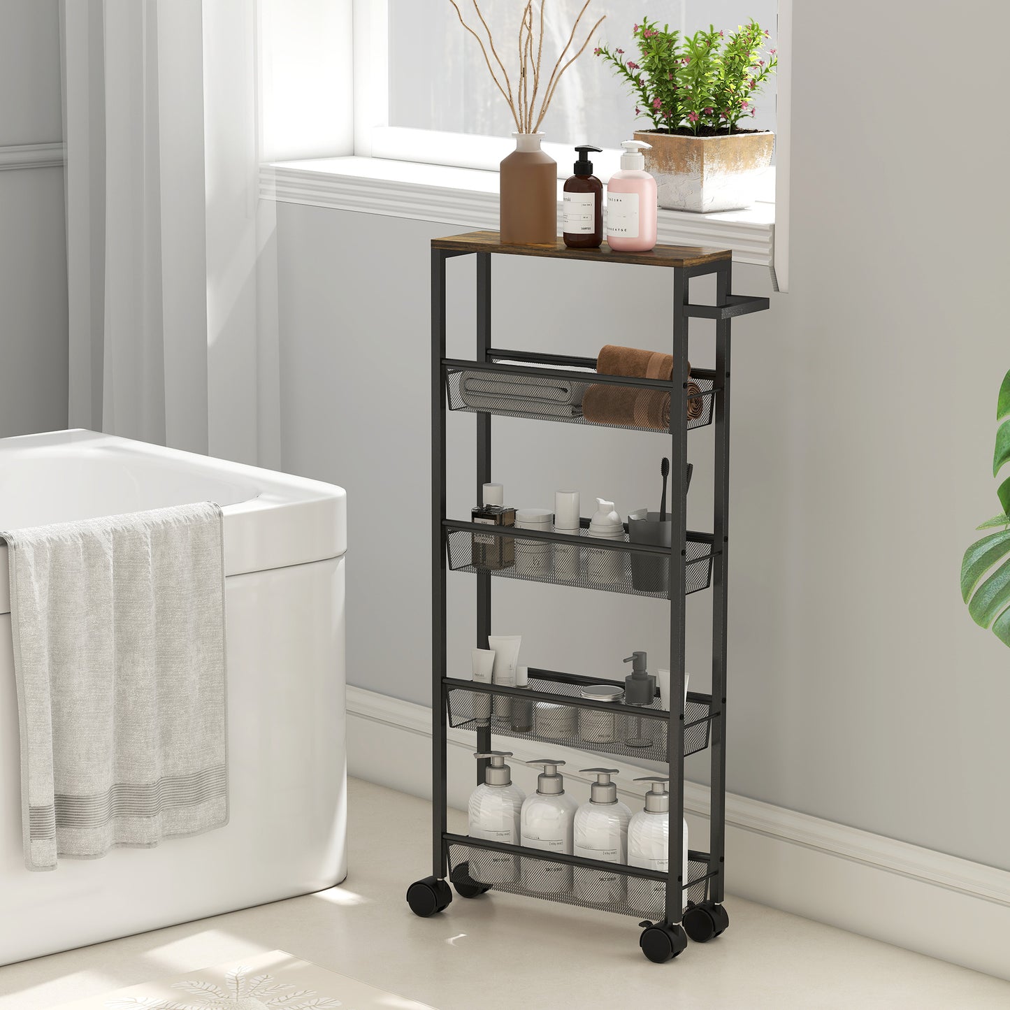 Rolling Kitchen Trolley, Slim Storage Cart with Metal Frame, Handle