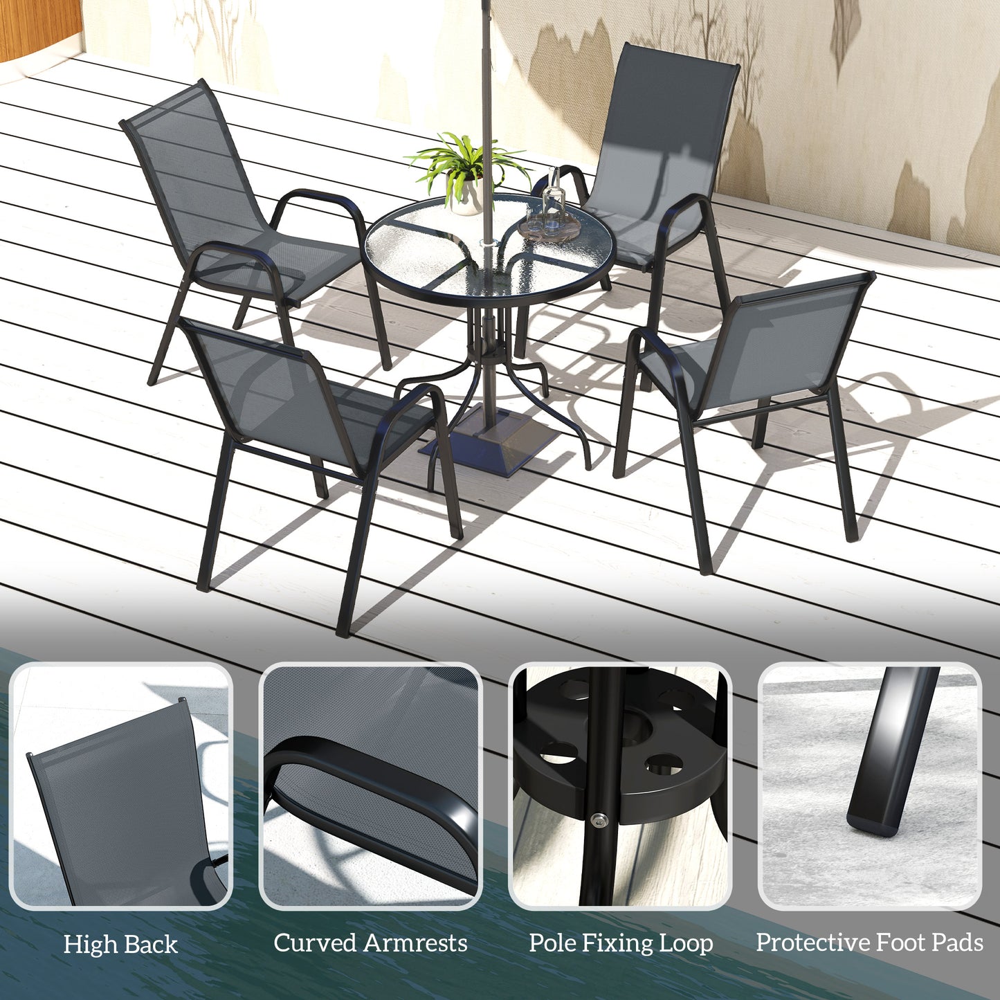 5 PCs Garden Furniture Set, Round Table and Stackable Chairs, Grey
