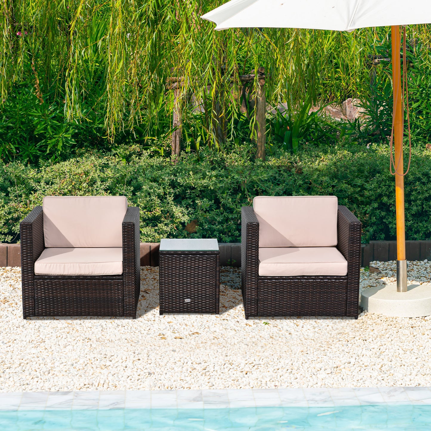 3Pcs Patio 2 Seater Rattan Sofa Garden Furniture Set Coffee w/ Cushions