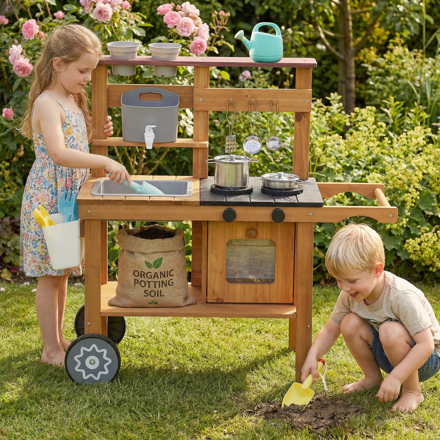Wooden Mud Kitchen with Wheels, Stove, Stainless Steel Accessories