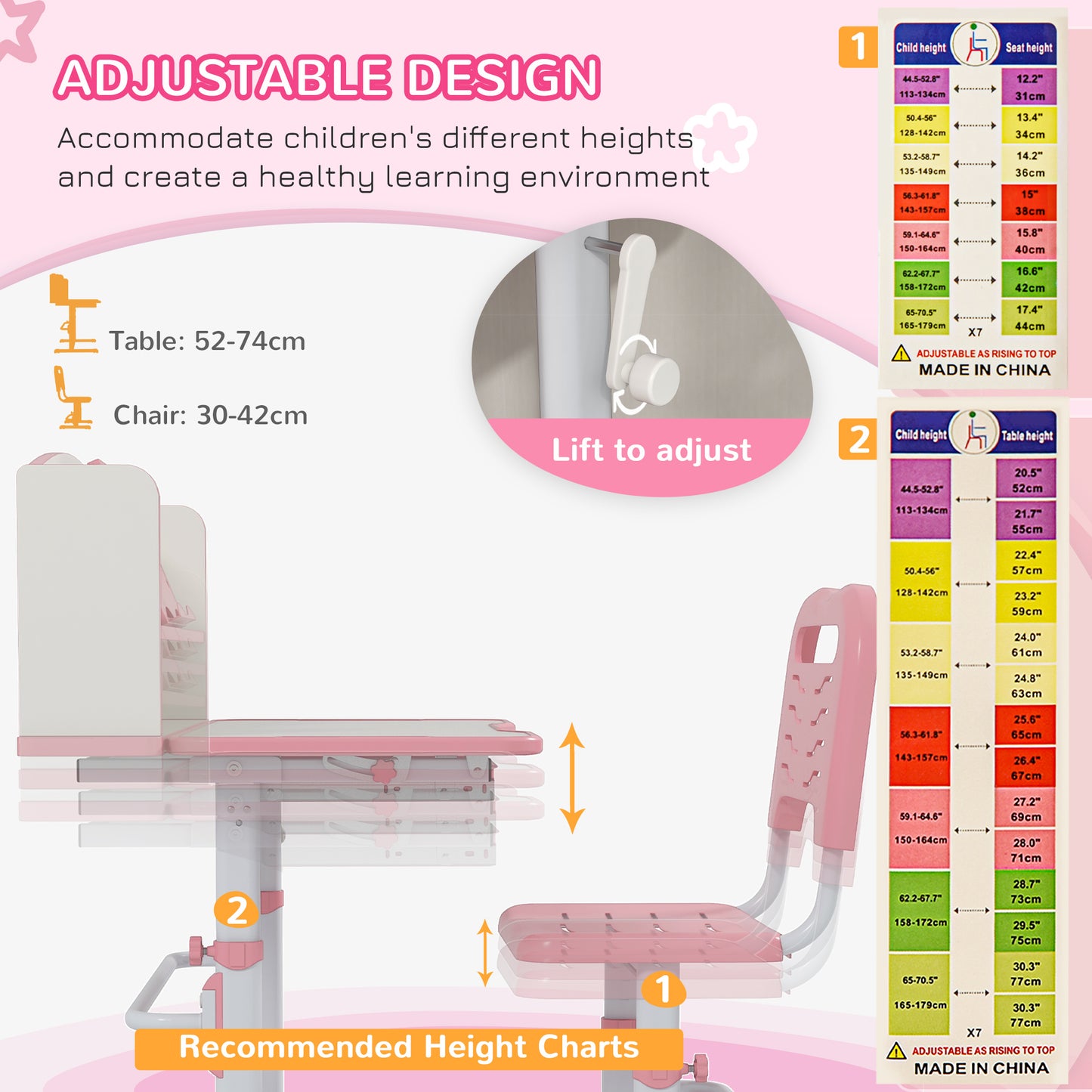 ZONEKIZ Height Adjustable Kids Study Table and Chair Set, with Drawer, Storage Shelf, 80 x 54.5 x 104 cm, Pink