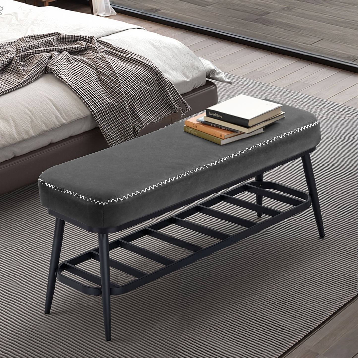 Shoe Bench, PU Leather Shoe Storage Bench for Entryway, Charcoal Grey