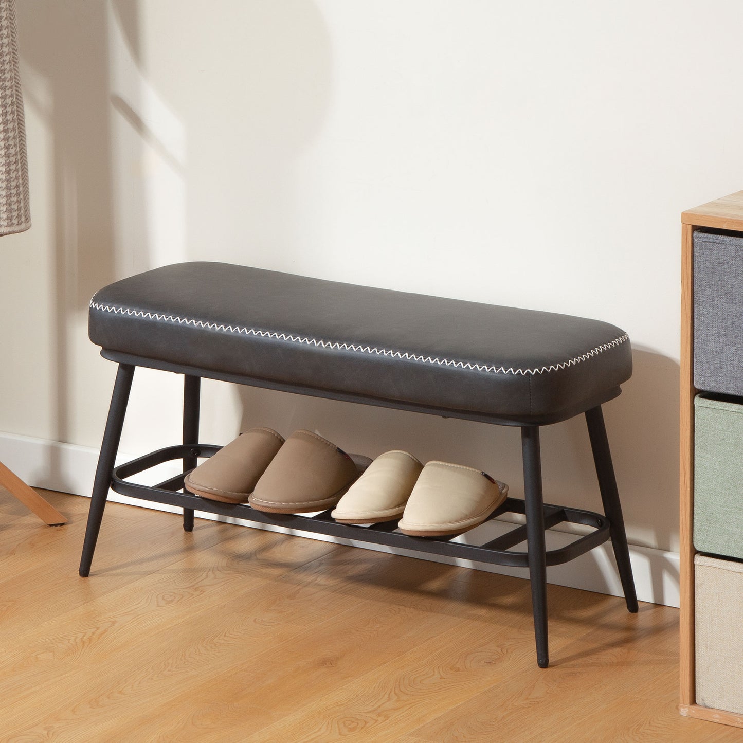 Shoe Bench, PU Leather Shoe Storage Bench for Entryway, Charcoal Grey