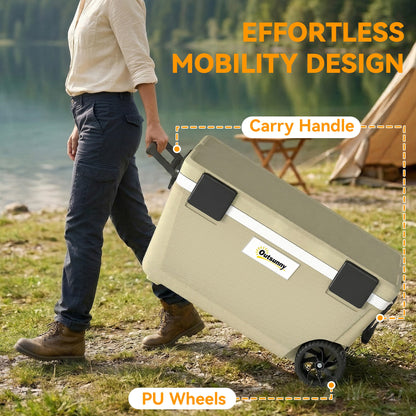 70L Insulated Cool Box with Wheels, Portable Ice Cooler, Khaki