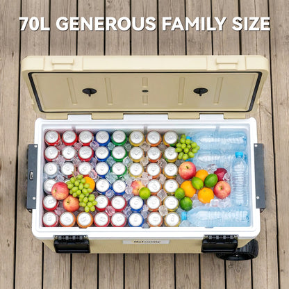 70L Insulated Cool Box with Wheels, Portable Ice Cooler, Khaki