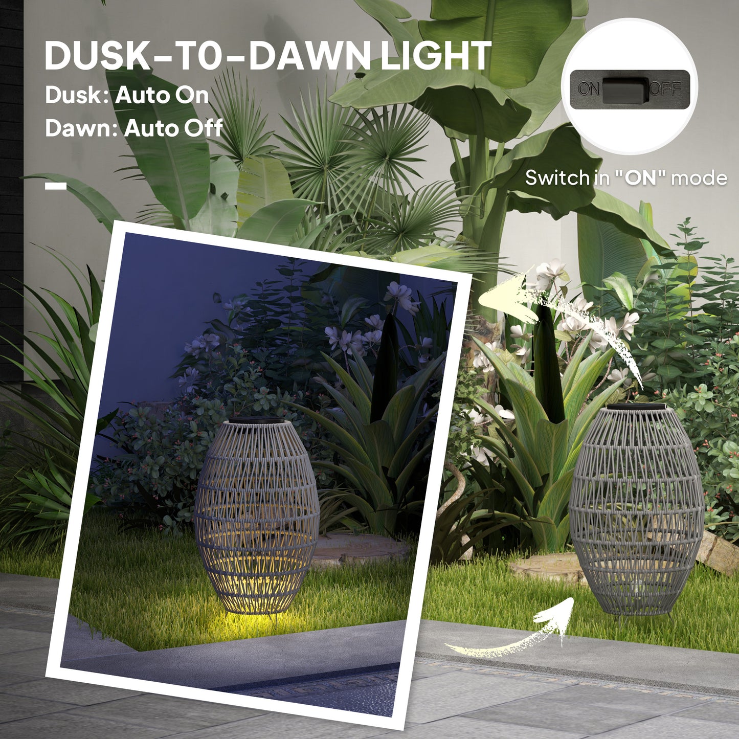 Rattan Solar Lamp, Auto On/Off Garden Lantern, Grey