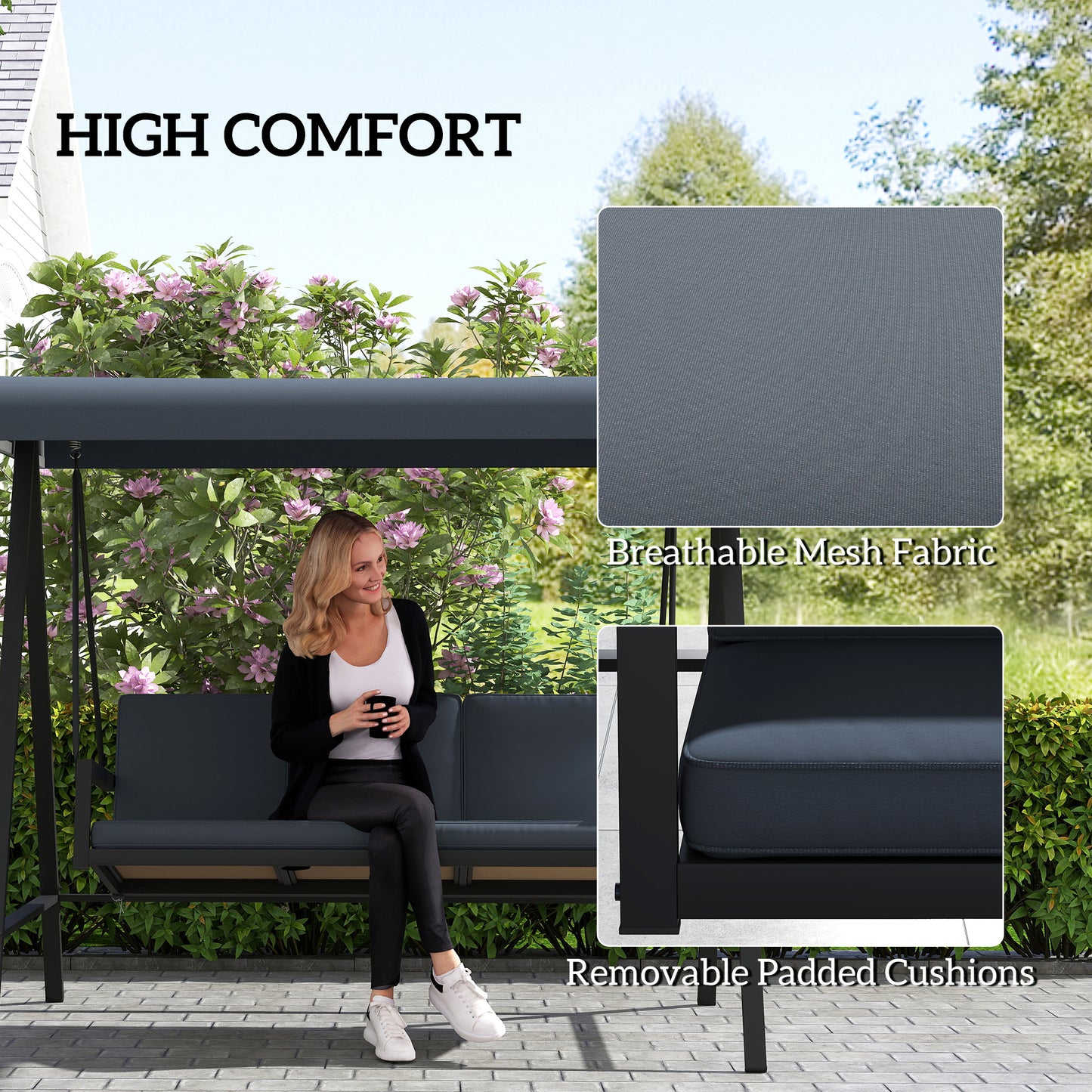 3 Seater Garden Swing Chair with Adjustable Canopy, Dark Grey