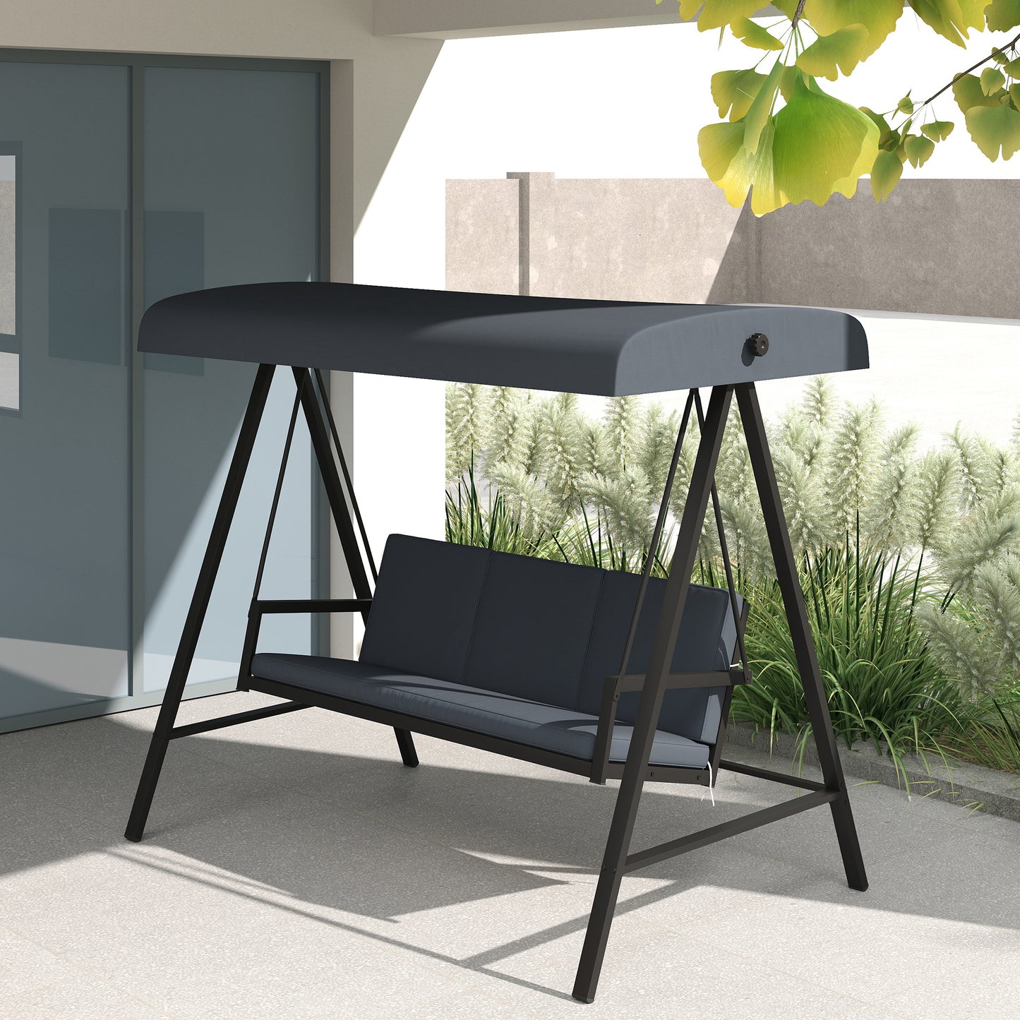 3 Seater Garden Swing Chair with Adjustable Canopy, Dark Grey