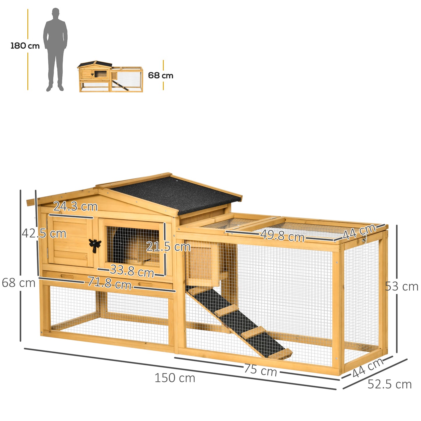 2 Level Wooden Rabbit Bunny Guinea Pig Hutch w/ Outdoor Run Water Resistant Roof Pull out Tray Ramp 150 x 52.5 x 68 cm, Yellow