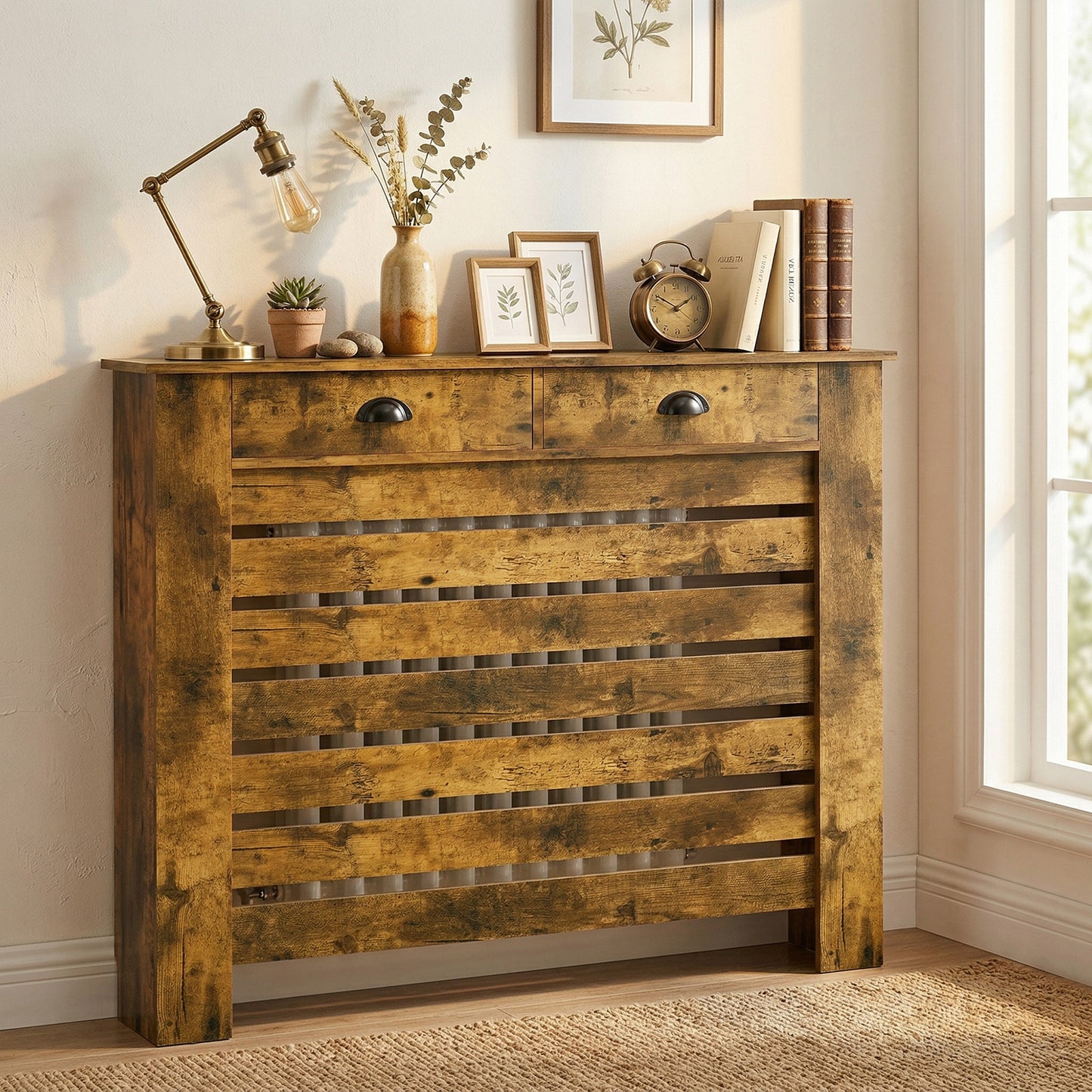 Radiator Cover with Drawer, Horizontal Slat, 111cm, Rustic Brown
