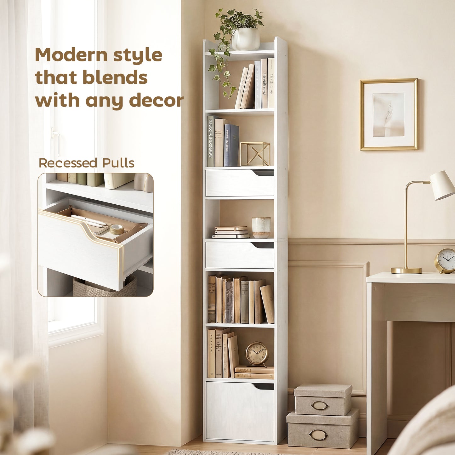 Bookcase with Drawers and Cabinet, 5-Tier Bookshelf, Narrow Tall Storage Cabinet with Anti-Tip for Living Room, Study, Home Office, White Wood Effect