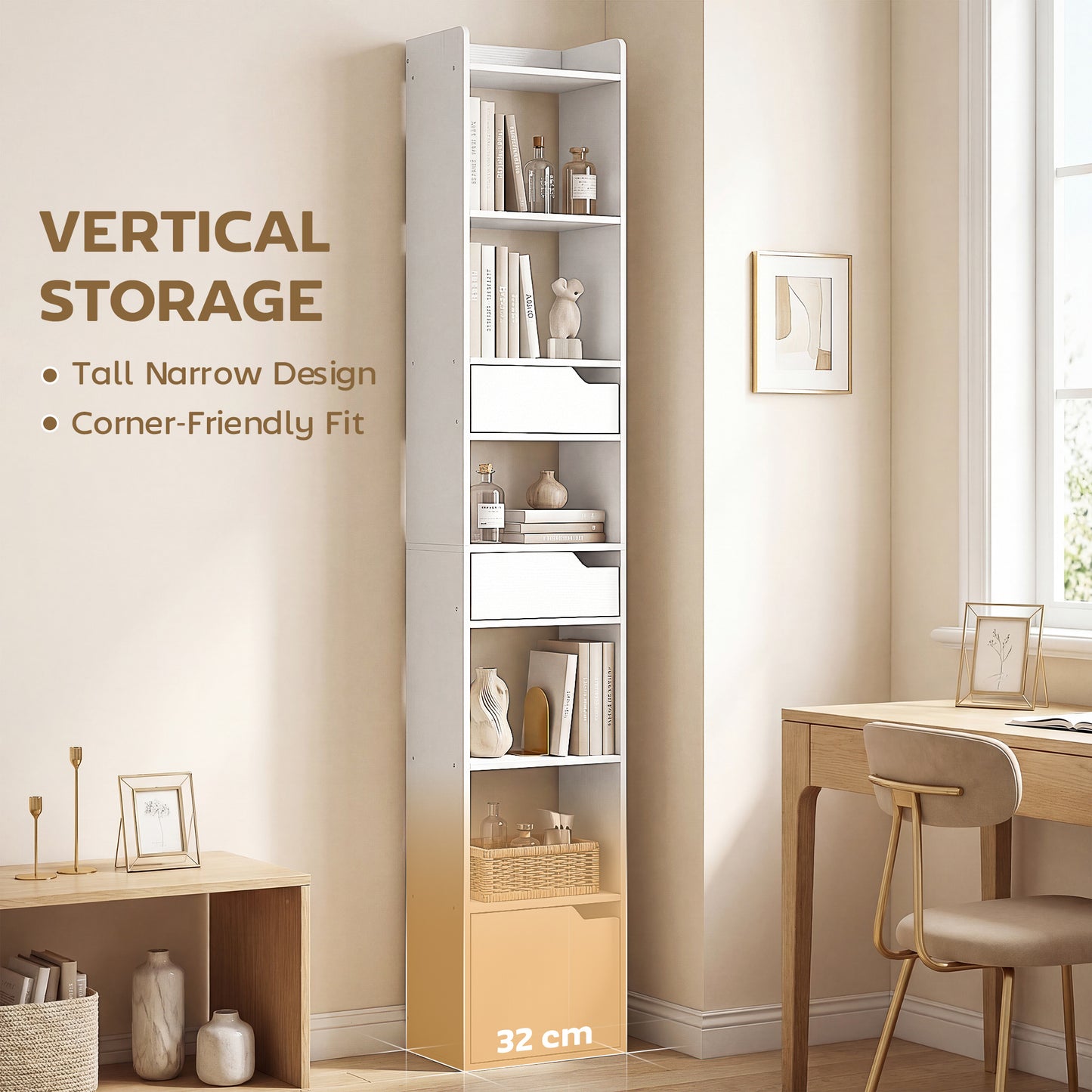 Bookcase with Drawers and Cabinet, 5-Tier Bookshelf, Narrow Tall Storage Cabinet with Anti-Tip for Living Room, Study, Home Office, White Wood Effect