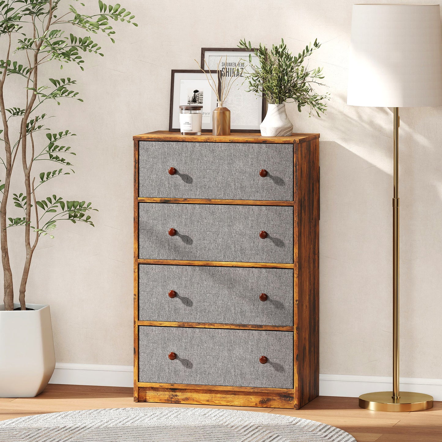 Chest of Drawers, 4 Drawer Dresser for Bedroom, Grey and Rustic Brown