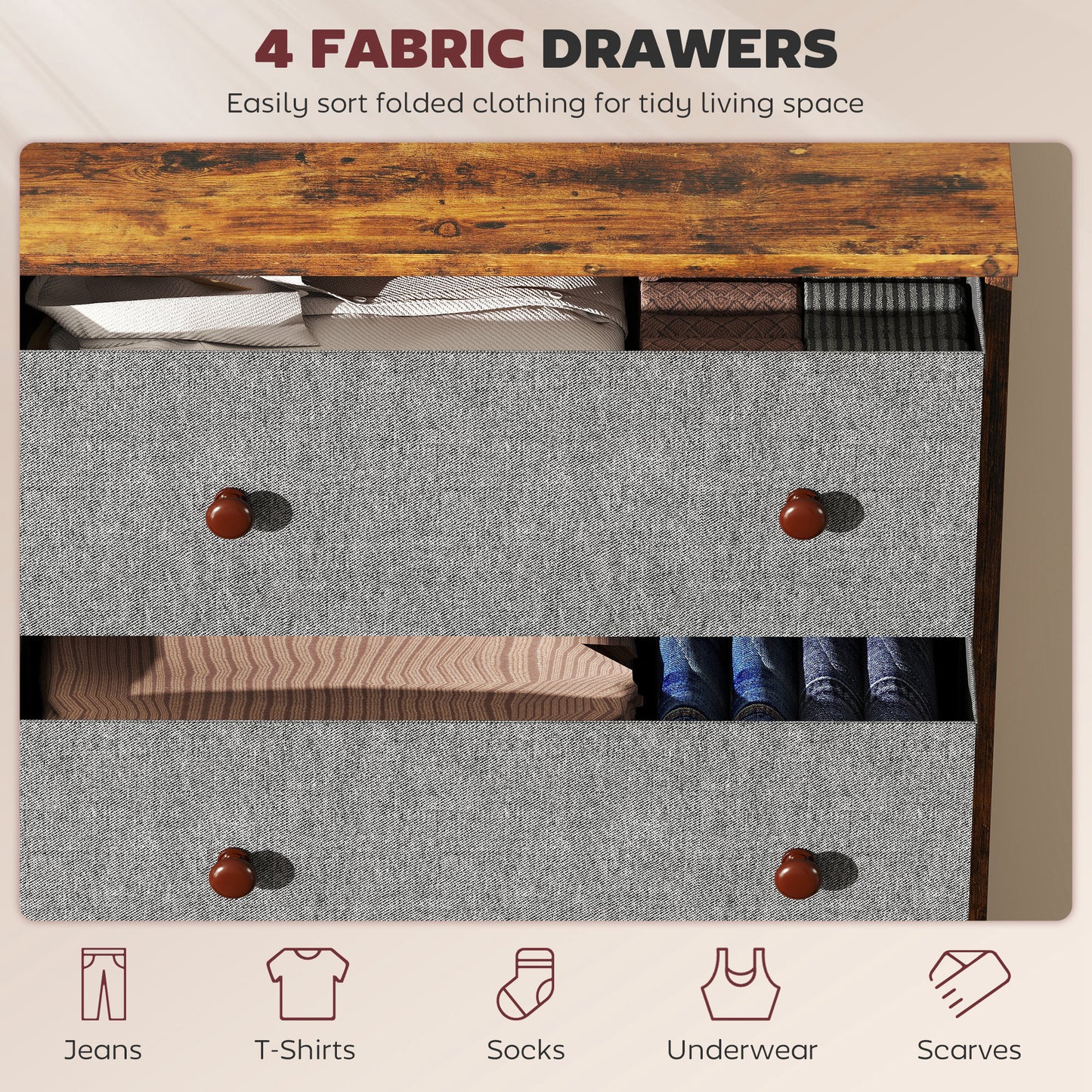 Chest of Drawers, 4 Drawer Dresser for Bedroom, Grey and Rustic Brown