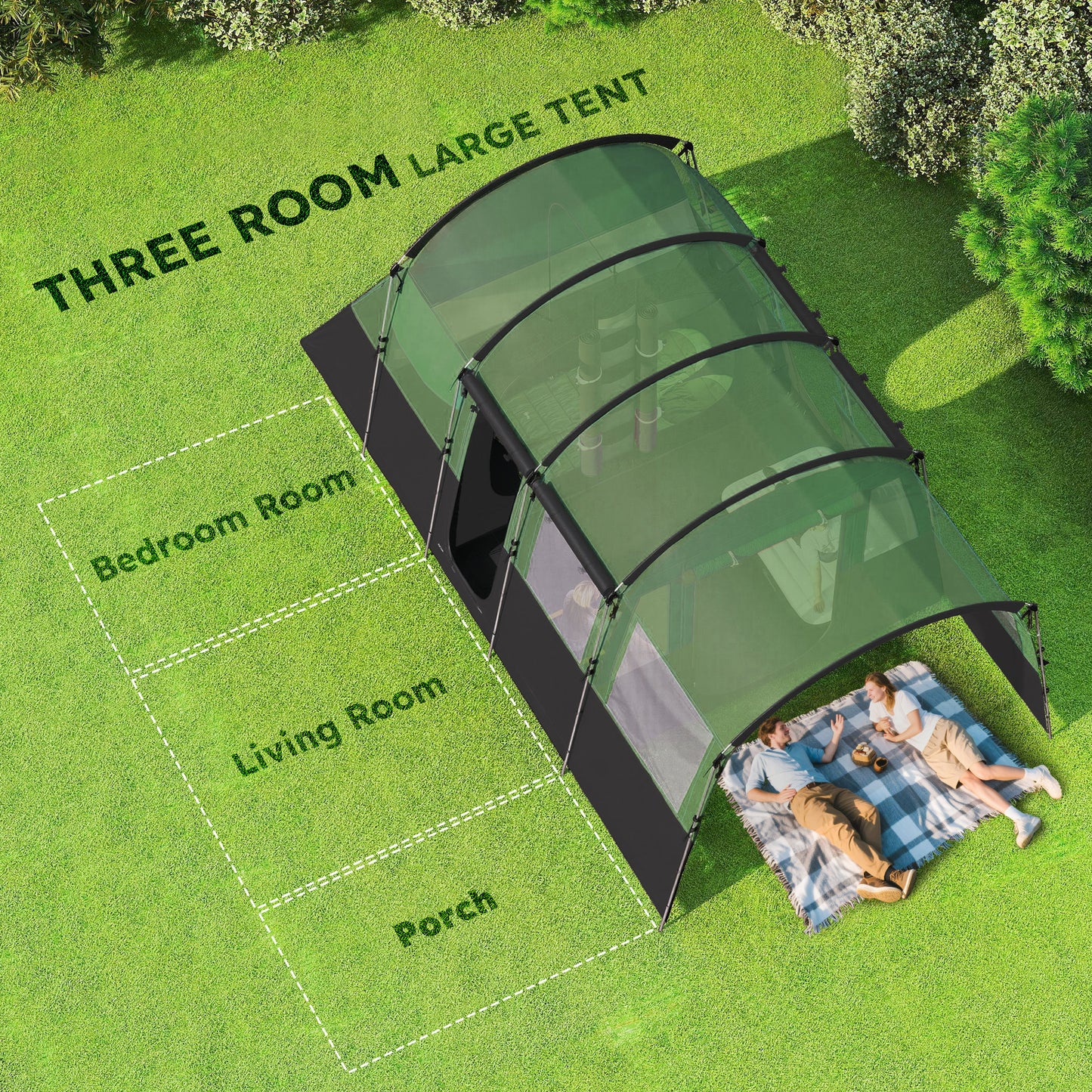 8-Person Camping Tent Tunnel Design with 4 Large Windows Green