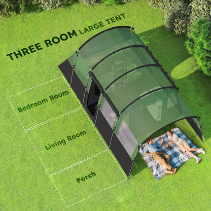 8-Person Camping Tent Tunnel Design with 4 Large Windows Green