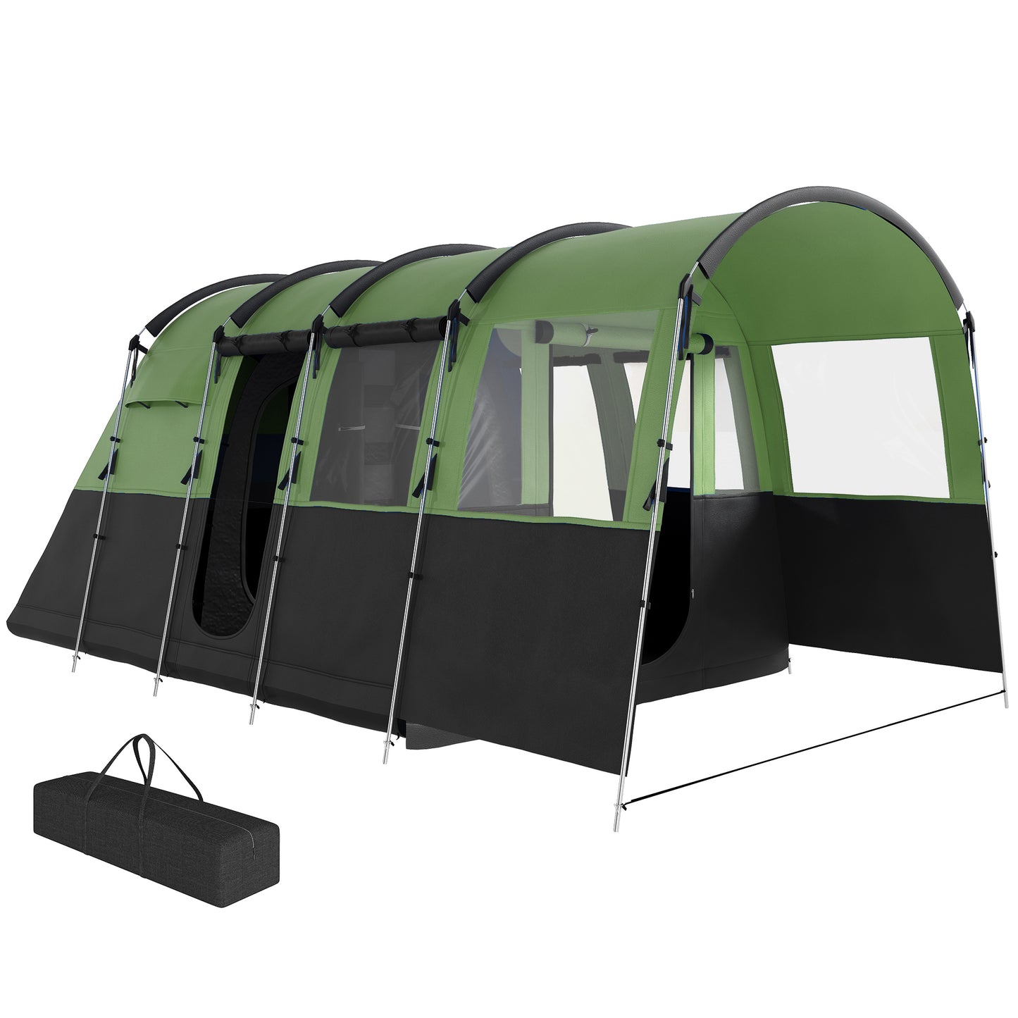 8-Person Camping Tent Tunnel Design with 4 Large Windows Green