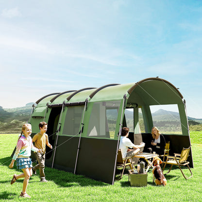 8-Person Camping Tent Tunnel Design with 4 Large Windows Green