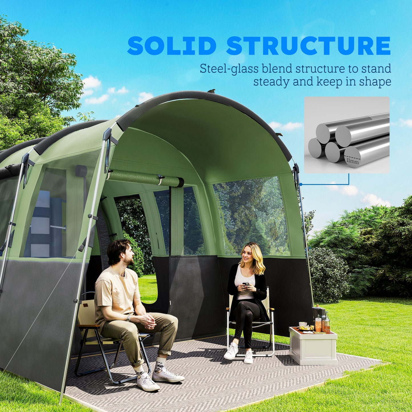 8-Person Camping Tent Tunnel Design with 4 Large Windows Green