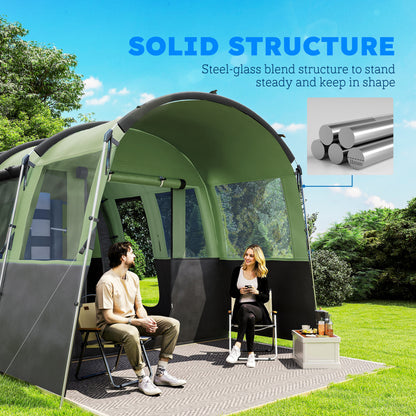 8-Person Camping Tent Tunnel Design with 4 Large Windows Green
