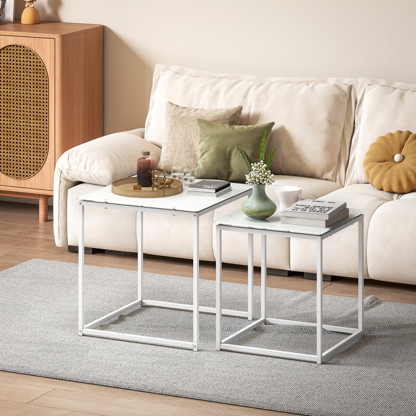 Nest of 2 Side Tables Set of Bedside Tables for Living Room White