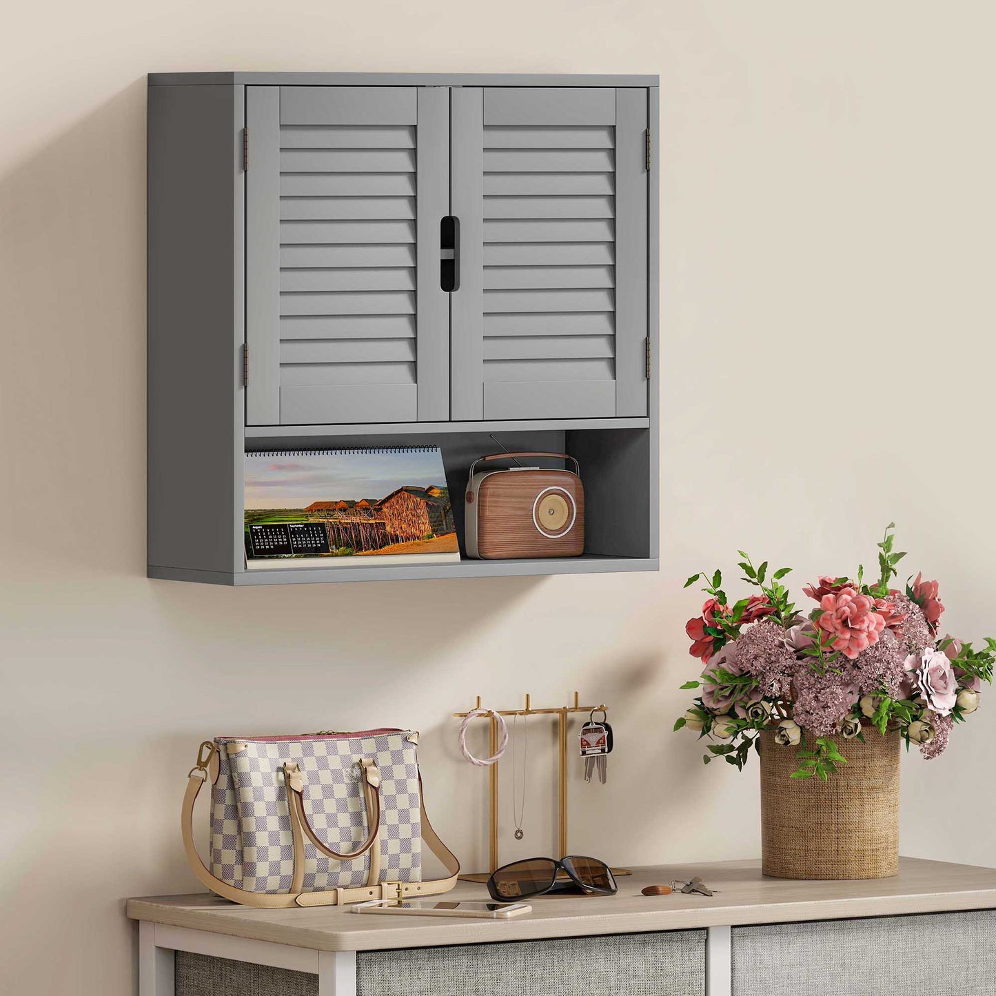 Bathroom Cabinet, Wall Mounted Cabinet with Adjustable Shelves, Grey