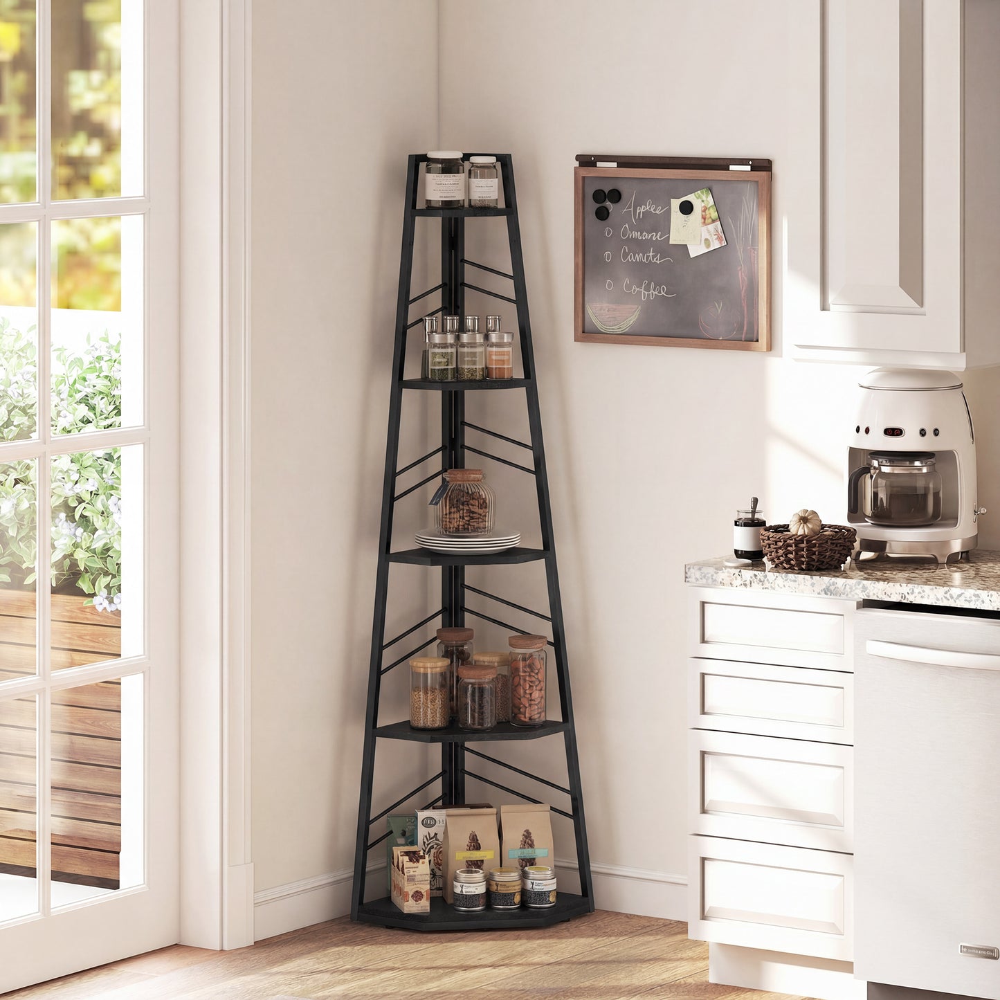5-Tier Corner Bookcase, Floor Standing Shelving Unit, Black