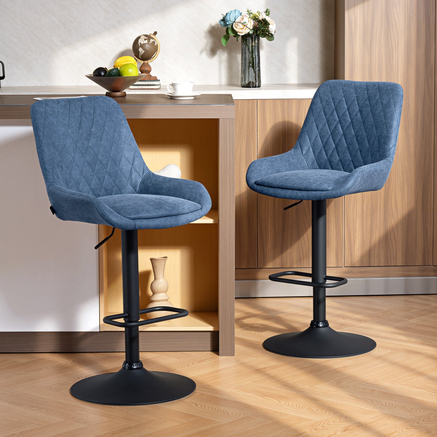 Bar Stools Set of 2, Adjustable Bar Chairs 360 Degree Swivel Blue
