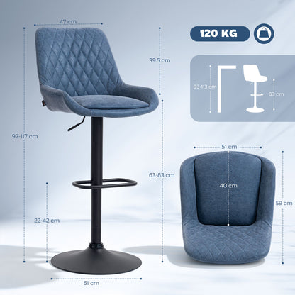 Bar Stools Set of 2, Adjustable Bar Chairs 360 Degree Swivel Blue