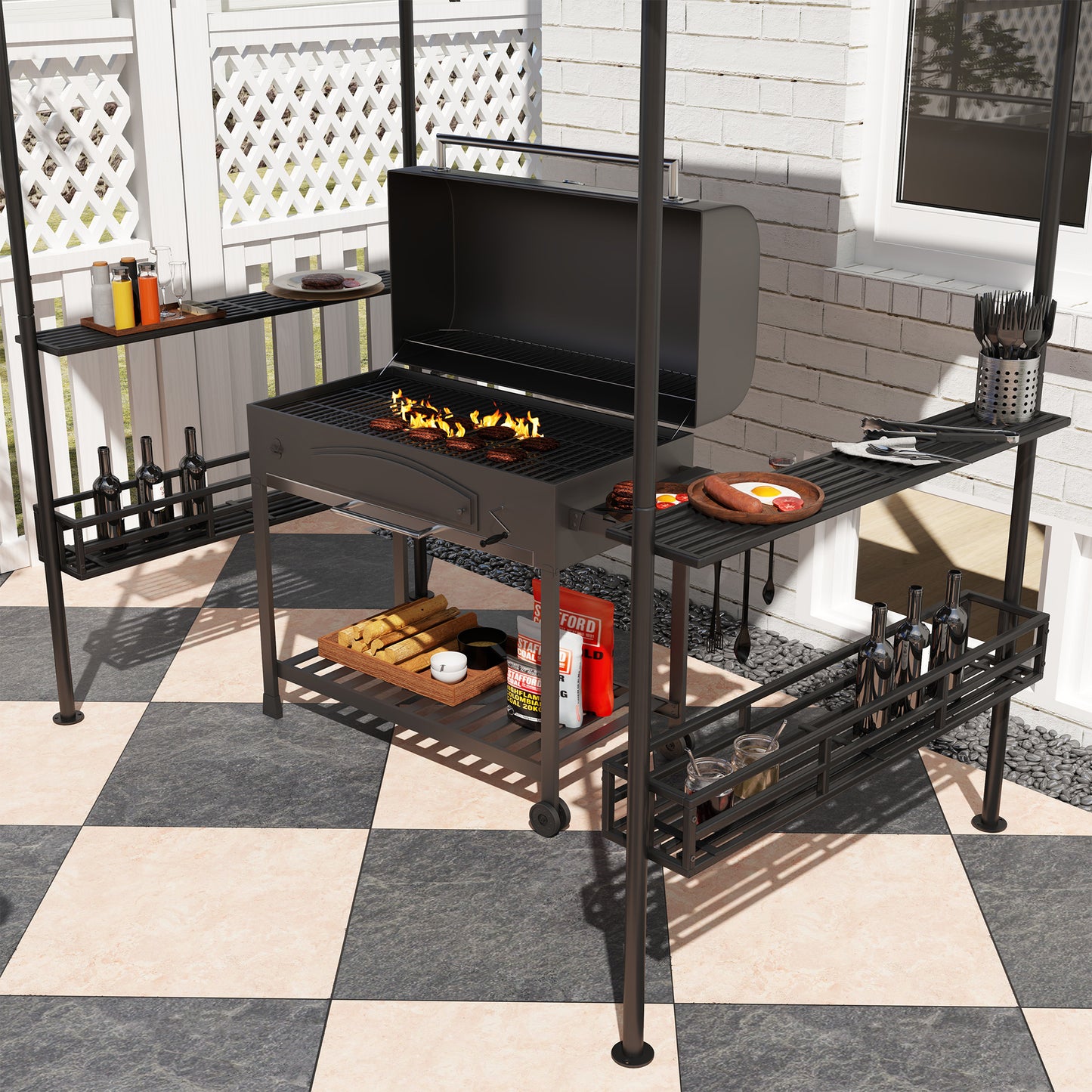8' x 5' Grill Gazebo Canopy with 2 Side Shelves, Hook, Beige