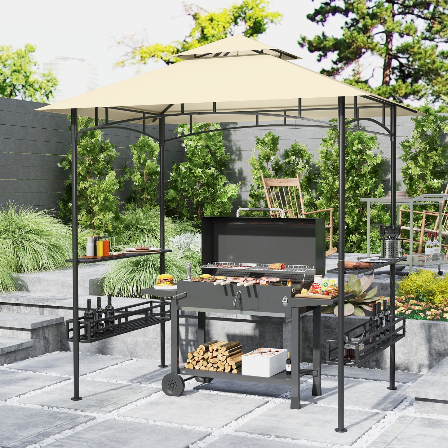 8' x 5' Grill Gazebo Canopy with 2 Side Shelves, Hook, Beige