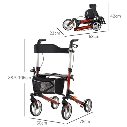 Fully Folding Rollator Walker with Seat, Backrest, Bag, Red