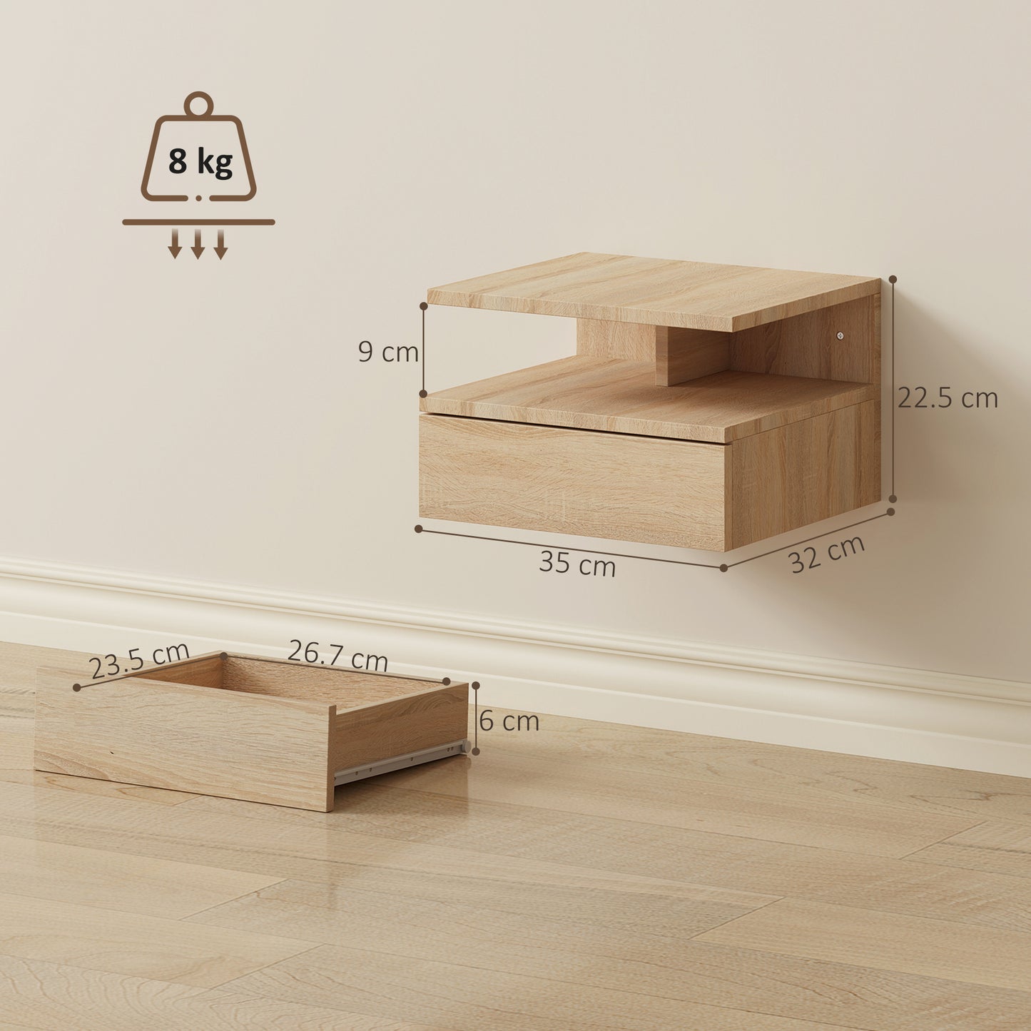 Modern Nightstand Set of 2, Wall Mounted Bedside Cabinet, Oak