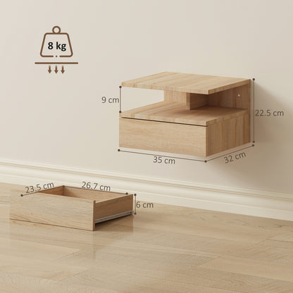 Modern Nightstand Set of 2, Wall Mounted Bedside Cabinet, Oak