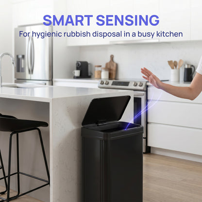 40L Sensor Bin with Quiet Soft-Close Lid, Automatic Touchless Motion Sensor Kitchen Bin with Fingerprint Resistant Stainless Steel for Hygienic Gyms, Home Office Use, Black