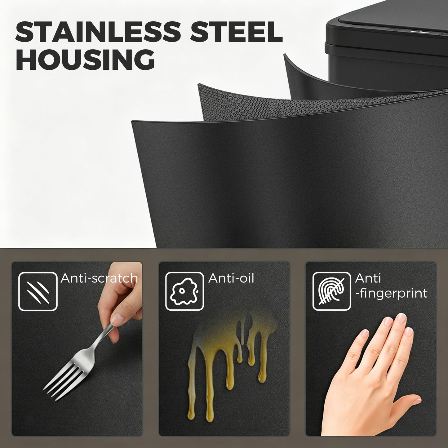 40L Sensor Bin with Quiet Soft-Close Lid, Automatic Touchless Motion Sensor Kitchen Bin with Fingerprint Resistant Stainless Steel for Hygienic Gyms, Home Office Use, Black