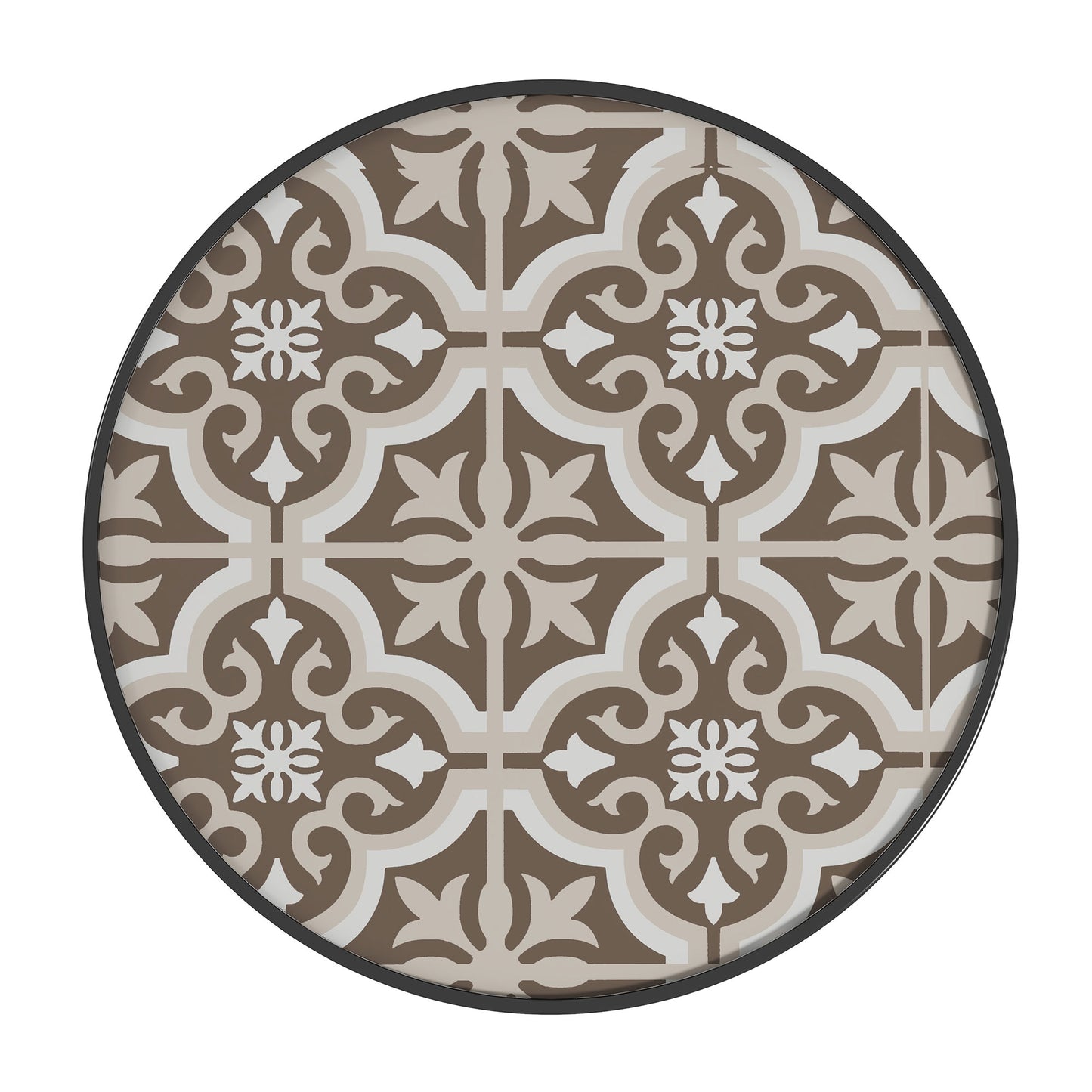 Garden Table with Glass Printed Design for Outdoor, Tan Brown