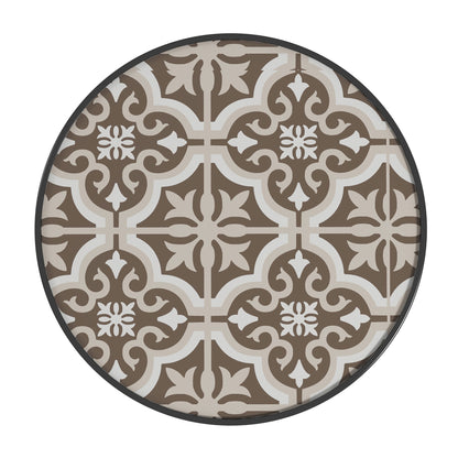 Garden Table with Glass Printed Design for Outdoor, Tan Brown