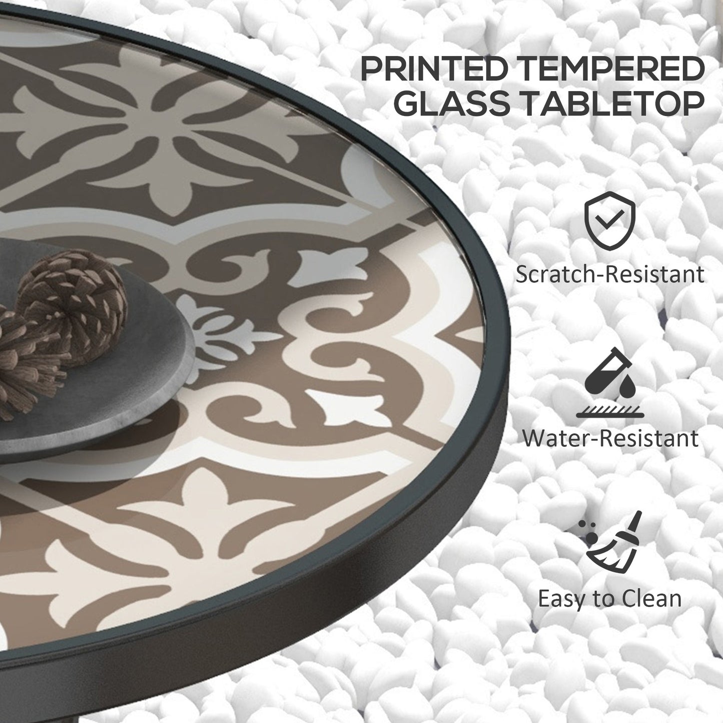 Garden Table with Glass Printed Design for Outdoor, Tan Brown