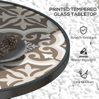 Garden Table with Glass Printed Design for Outdoor, Tan Brown