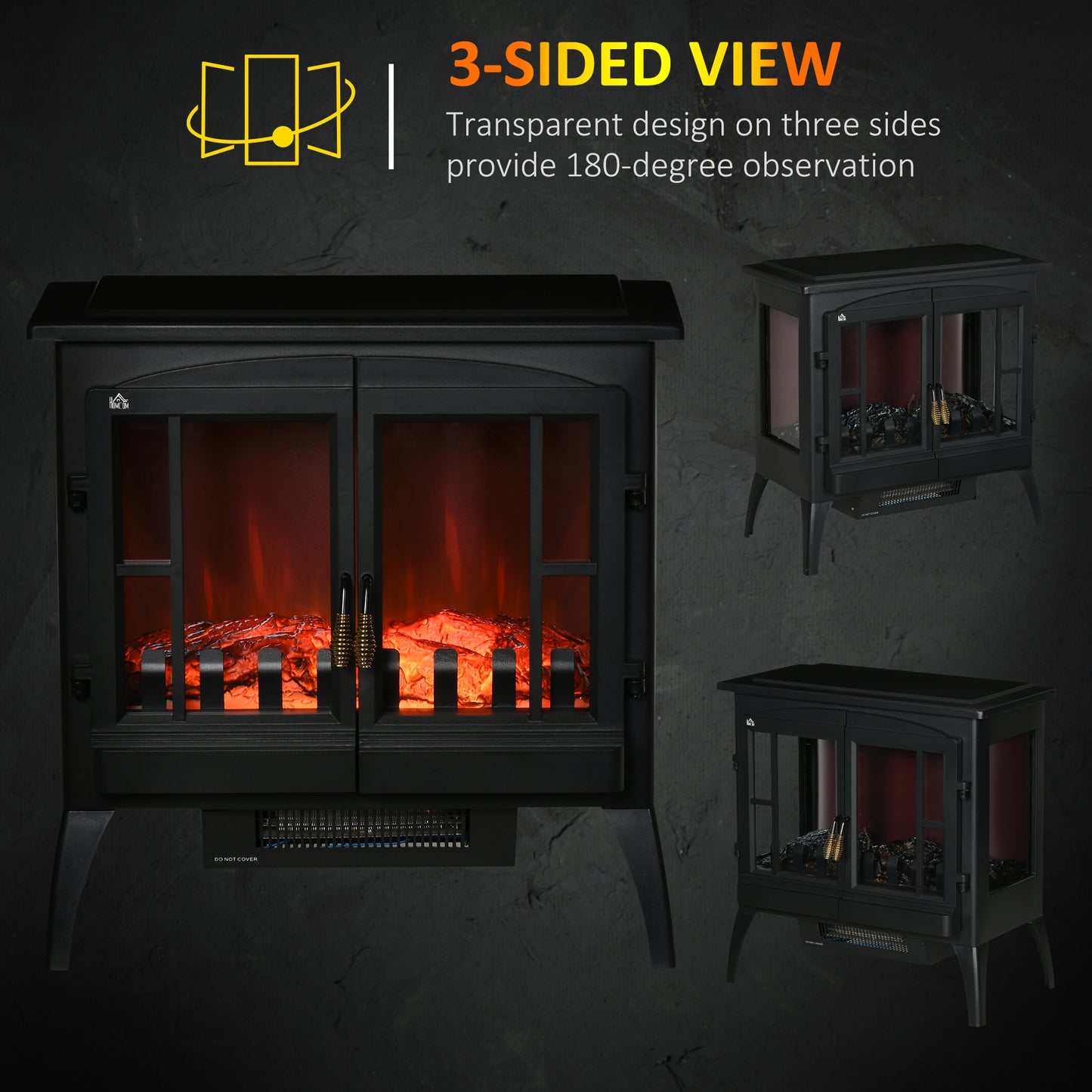 3-Sided Electric Fireplace Heater, Quiet Freestanding Fire Stove with LED Flame Effect, Level-less Temperature Control, Overheating Protection