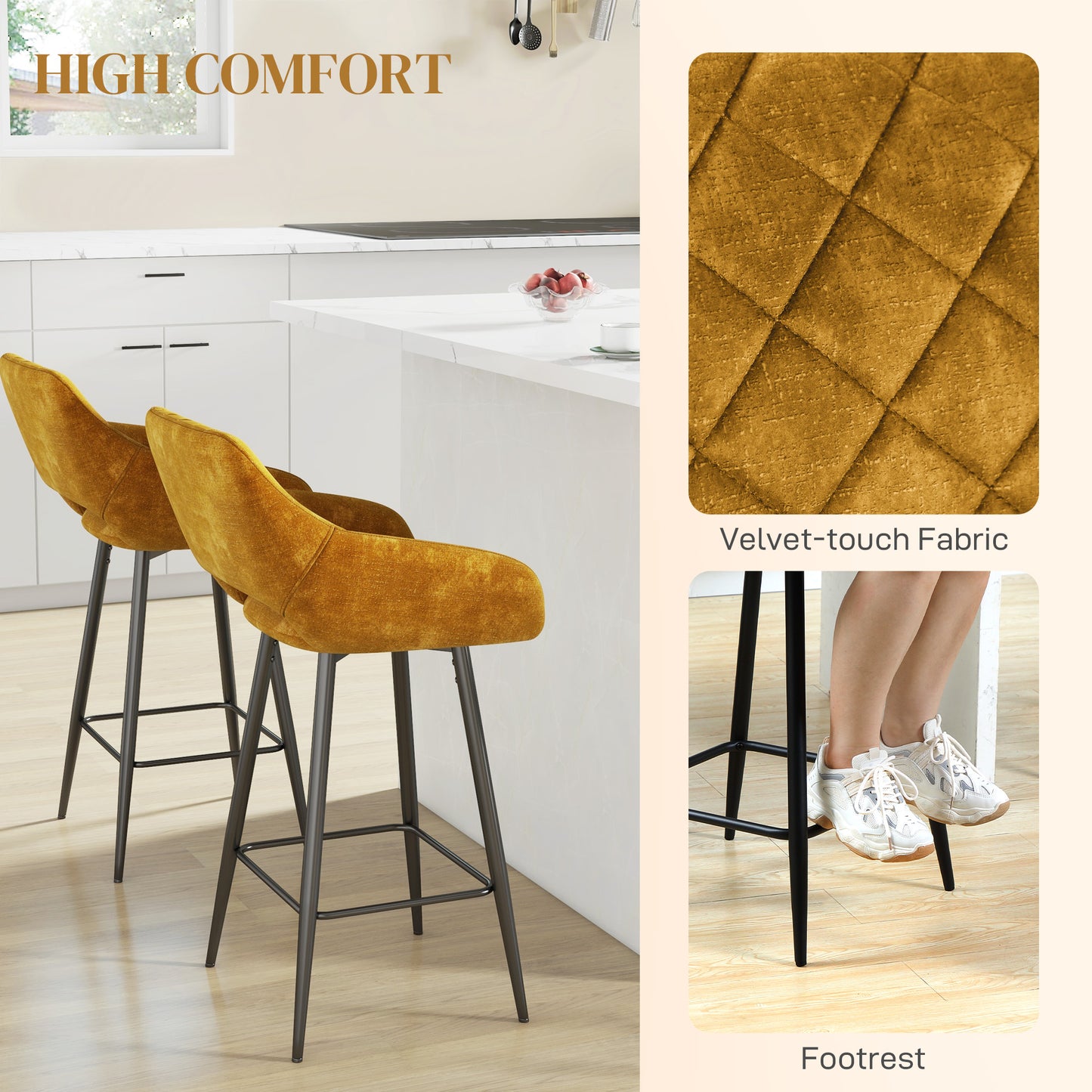 Bar Stools Set of 2, Velvet-Touch Fabric Counter Height Bar Chairs Brown