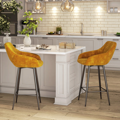Bar Stools Set of 2, Velvet-Touch Fabric Counter Height Bar Chairs Brown