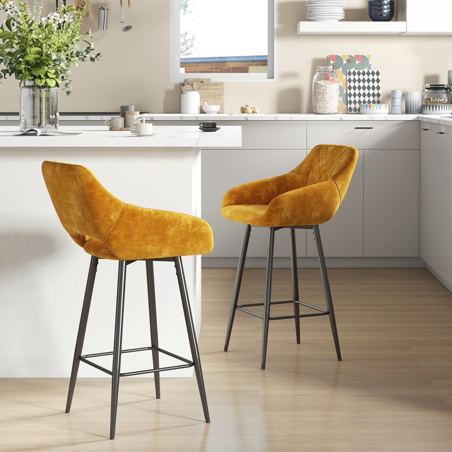 Bar Stools Set of 2, Velvet-Touch Fabric Counter Height Bar Chairs Brown